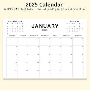 Calendario 2025 de 3 meses por página, calendario horizontal simple en formato PDF, planificador anual de 12 meses, resumen del mes, imprimible/digital, tamaño A4/A3/carta