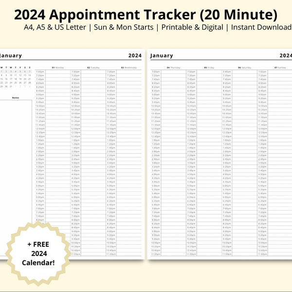 2024 Appointment Tracker, 20 Minute Increments, 2024 Calendar, Weekly Planner, Appointment Book, 2024 Diary, Printable/Digital, A4/A5/Letter