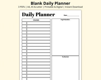 Blank Daily Planner, Schedule Template, Hourly Planner, Time Blocking, Daily Overview, Productivity Planner, Printable/Digital, A4/A5/Letter