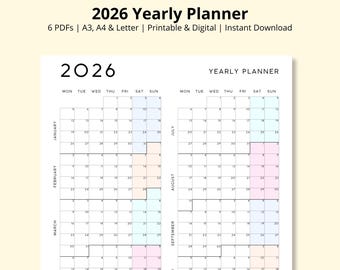 2026 Yearly Planner, Year at a Glance, Annual Calendar, 12 Month Calendar, Yearly Overview, Wall/Desk Calendar, Work Planner, A3/A4/Letter