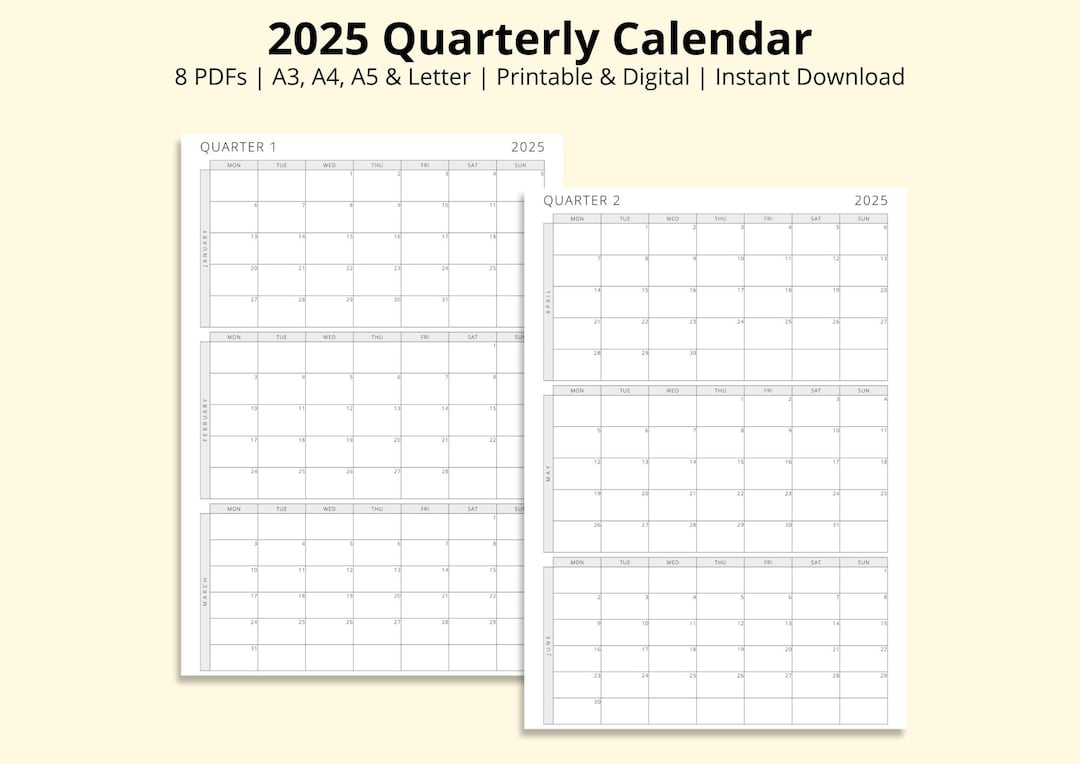 2025 Quarterly Calendar, 3 Months per Page, 2025 Monthly Calendar, Monthly Overview, Yearly Planner, Printable/digital PDF, A3/a4/a5/letter - Etsy 2025-quarterly-calendar-3-months-per-page-2025-monthly-calendar-monthly-overview-yearly-planner-printable-digital-pdf-a3-a4-a5-letter-etsy