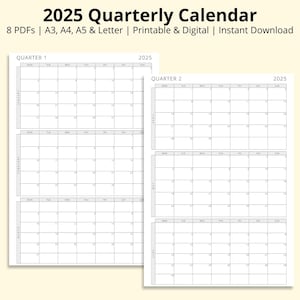 Calendario trimestral 2025, 3 meses por página, calendario mensual 2025, resumen mensual, planificador anual, formato PDF imprimible/digital, A3/A4/A5/carta