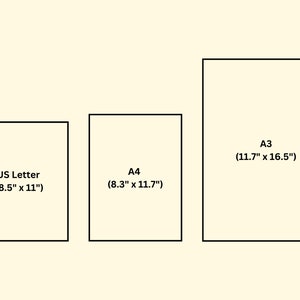 K&ouml;nnte beinhalten: Drei rechteckige Papierformate werden vor einem cremefarbenen Hintergrund dargestellt. Die Gr&ouml;&szlig;en sind US Letter (21,6 cm x 27,9 cm), A4 (21 cm x 29,7 cm) und A3 (29,7 cm x 41,9 cm). Jede Gr&ouml;&szlig;e ist mit ihrem Namen und ihren Abmessungen beschriftet.