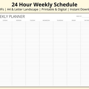 Horario semanal de 24 horas, Semana de un vistazo, Planificador de bloqueo de tiempo semanal, Horario de 7 días, Horizontal/Horizontal, Imprimible/Digital, A4/Carta