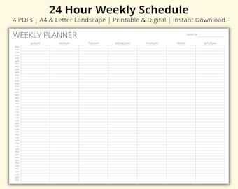24 Hour Weekly Schedule, Week at a Glance, Weekly Time Blocking Planner, 7 Day Timetable, Landscape/Horizontal, Printable/Digital, A4/Letter