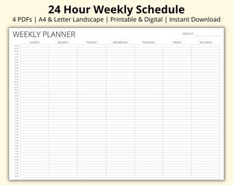 24 Hour Weekly Schedule, Week at a Glance, Weekly Time Blocking Planner, 7 Day Timetable, Landscape/Horizontal, Printable/Digital, A4/Letter