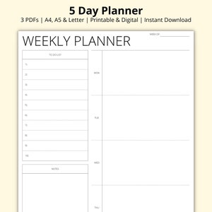5 Day Planner, Weekly Planner Template, Week at a Glance, Weekly Overview, Tasks List, Productivity Planner, Printable/Digital, A4/A5/Letter
