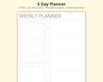 5 Day Planner, Weekly Planner Template, Week at a Glance, Weekly Overview, Tasks List, Productivity Planner, Printable/Digital, A4/A5/Letter