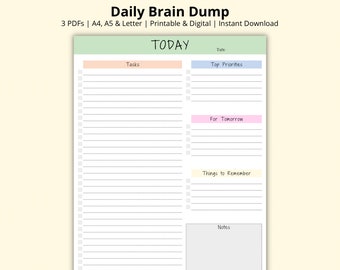 Brain Dump Template, Daily Tasks, ADHD Daily Planner, Day Schedule PDF, Daily Overview, Time Management, Printable/Digital, A4/A5/Letter