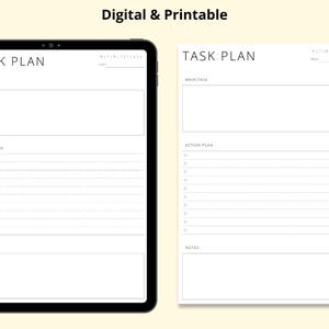 May include: A digital and printable task plan template is shown on a tablet and a printed sheet. The task plan includes sections for the main task, action plan, and notes. A pencil and stylus are also present.