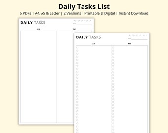 Daily Tasks List, Daily Planner, To Do List, Routine Planner, Checklist PDF, AM & PM Productivity Planner, Printable/Digital, A4/A5/Letter