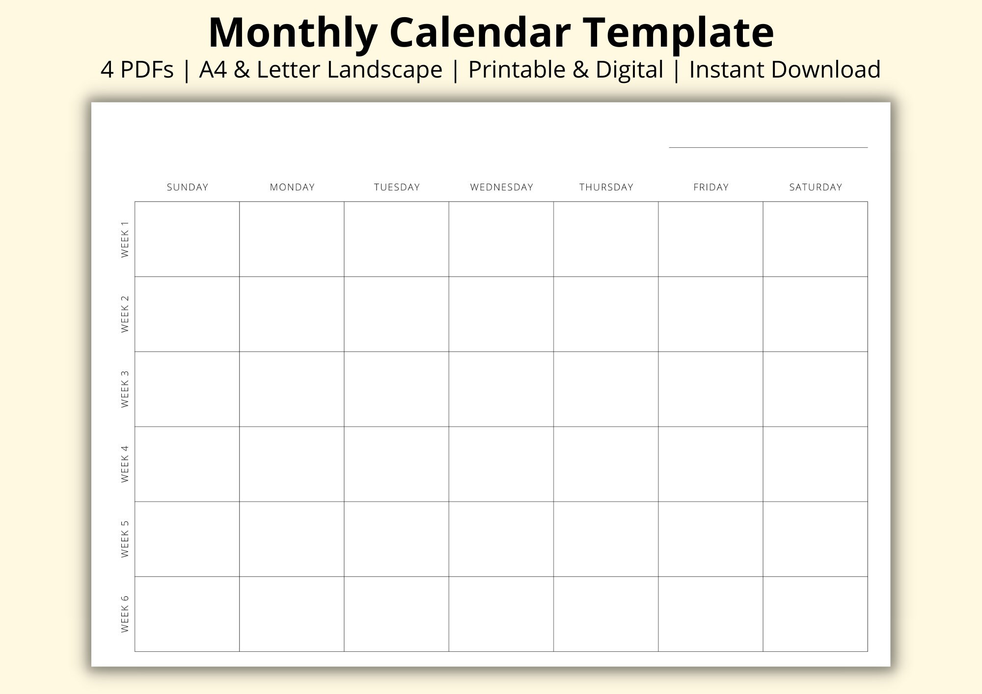 Month on 1 Page Calendar – Undated