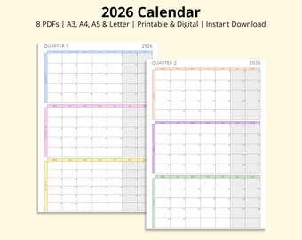 2026 Calendar, 3 Months Per Page, Quarterly Planner, 12 Month Calendar Pages, Month at a Glance, Printable/Digital PDF, A3/A4/A5/Letter