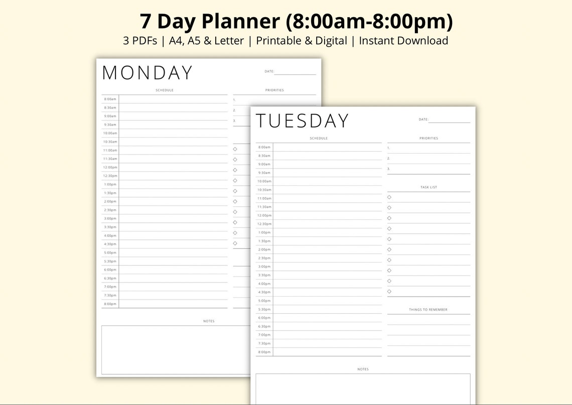 7 Day Planner Template, Daily Time Blocking Planner, 30 Minute Schedule ...