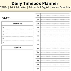 May include: A black and white printable daily timebox planner with sections for top priorities and task dump. The planner has a column for time from 00:00 to 13:00.