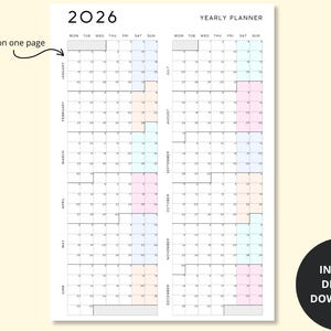 K&ouml;nnte beinhalten: Ein Jahresplaner f&uuml;r 2026 mit minimalistischem Design. Das Kalenderlayout zeigt das ganze Jahr auf einer Seite, mit den Tagen jedes Monats in einem Raster. Der Planer enth&auml;lt den Text "Yearly Planner" und "Instant Digital Download".