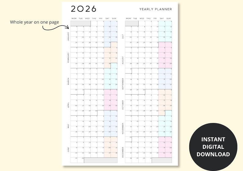 K&ouml;nnte beinhalten: Ein Jahresplaner f&uuml;r 2026 mit minimalistischem Design. Das Kalenderlayout zeigt das ganze Jahr auf einer Seite, mit den Tagen jedes Monats in einem Raster. Der Planer enth&auml;lt den Text "Yearly Planner" und "Instant Digital Download".