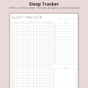 May include: A black and white printable sleep tracker with a grid for tracking sleep hours each day of the month. The tracker includes a section for notes and a key for marking sleep patterns.