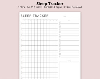 May include: A black and white printable sleep tracker with a grid for tracking sleep hours each day of the month. The tracker includes a section for notes and a key for marking sleep patterns.