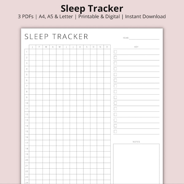 Sleep Tracker, Yearly Sleep Log, Daily Sleep Analysis Chart, Sleep Quality, Sleep Cycle, Health Planner PDF, Printable/Digital, A4/A5/Letter