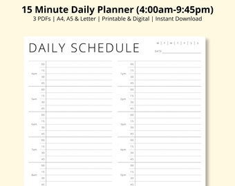 15 Minute Daily Planner, Appointment Organiser, Daily Overview, Time Block Planner Template, Day Schedule, Productivity Planner,A4/A5/Letter