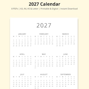 May include: A 2027 calendar page featuring a minimalist black and white layout with months from January to September organized in a grid. The text includes 2027 Calendar, 8 PDFs, A3, A4, A5 & Letter, Printable & Digital, and Instant Download.