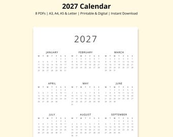 2027 Calendar, Simple Yearly Calendar, Printable Portrait Calendar, Desk Calendar, Wall Calendar, Year at a Glance Calendar, A3/A4/A5/Letter