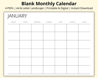 Blank Monthly Calendar Template, 12 Month Calendar Pages, Month at a Glance, Monthly Overview, Monthly Planner, Printable/Digital, A4/Letter