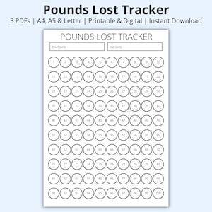 Tracker di chili persi, tracker di perdita di peso, pianificatore di fitness, pesata giornaliera/settimanale, percorso dietetico, tracker di obiettivi, stampabile/digitale, formato A4/A5/lettera