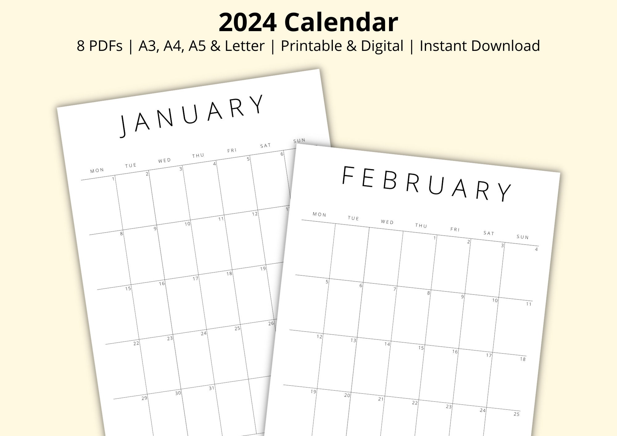 2024 Calendar Printable Portrait Calendar Simple Monthly Etsy UK