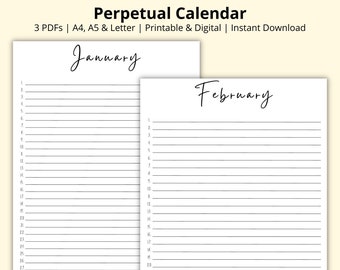 Perpetual Calendar, Monthly Planner, Yearly Planner, Birthday Tracker, Important Dates, Birthday Reminder, Printable/Digital, A4/A5/Letter