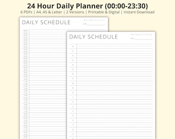 May include: Two printable daily schedule templates with a 24-hour time format from 00:00 to 23:30. The templates are blank and have lines for writing. The text "DAILY SCHEDULE" is at the top of each template.