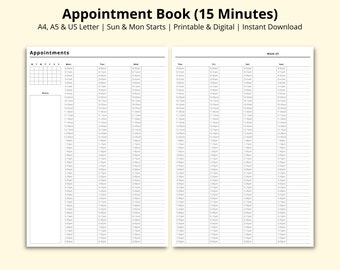 Appointment Book Printable, 15 Minute Interval Planner, Digital Appointment Sheet, Salon Appointment Diary, Weekly Overview, A4/A5/Letter