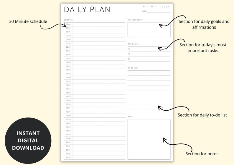 Daily Time Blocking Planner Template, 30 Minute Schedule, Daily Agenda PDF, Simple Productivity Planner, Printable/Digital, A4/A5/Letter image 2