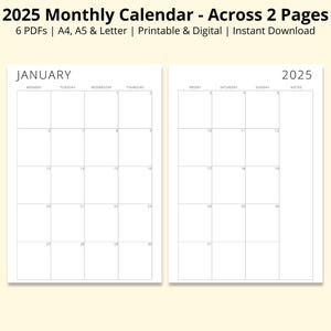 Calendario mensual 2025, planificador de 2 páginas, calendario de 12 meses, resumen del mes en formato PDF, vertical, imprimible/digital, A4/A5/carta