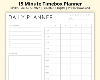 15 Minute Timebox Planner, Timeboxing Template, Daily Schedule, 15 Minute Increments, Productivity Planner, Printable/Digital, A4/A5/letter