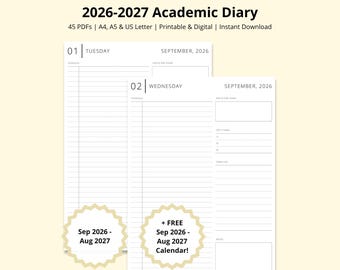 2026-2027 Academic Planner, 2026-2027 Daily Planner, School Planner, Dated Calendar Printable, Blank Schedule, Sep 26-Aug 27, A4/A5/Letter