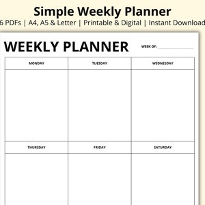 Simple Weekly Planner, 7 Day Planner Template, Week at a Glance, Weekly Overview, Productivity Planner, Printable/Digital, A4/A5/Letter