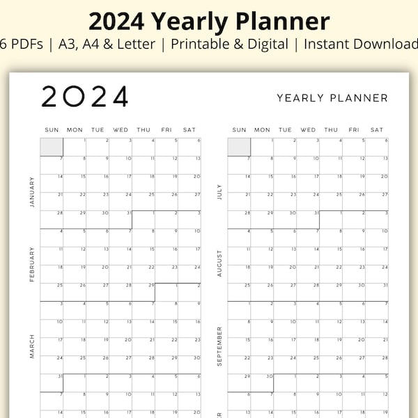 2024 Yearly Planner, Year at a Glance, Annual Planner, 12 Month Calendar, Yearly Overview, Wall/Desk Calendar, Office Planner, A3/A4/Letter
