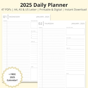 Planificador diario 2025, calendario imprimible 2025, agenda en blanco, planificador anual con fecha, planificador de productividad, diario digital 2025, A4/A5/carta