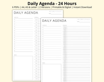 Puede incluir: Un planificador de agenda diario imprimible con dos versiones. El planificador está dividido en secciones para una lista de tareas, un horario y notas. La sección de horario incluye franjas horarias de 12 am a 11 pm.