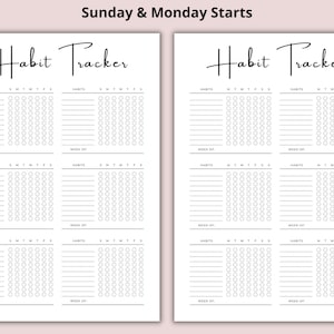 K&ouml;nnte beinhalten: Ein druckbarer Habit Tracker mit einem schwarz-wei&szlig;en Design. Der Tracker hat Abschnitte f&uuml;r jede Woche des Monats und beinhaltet Platz zum Auflisten von Gewohnheiten und zum Abhaken der Tage, an denen die Gewohnheit erf&uuml;llt wurde. Der Text "Habit Tracker" ist in einer kursiven Schrift oben auf der Seite geschrieben. Der Text "Sunday & Monday Starts" ist oben auf der Seite geschrieben.