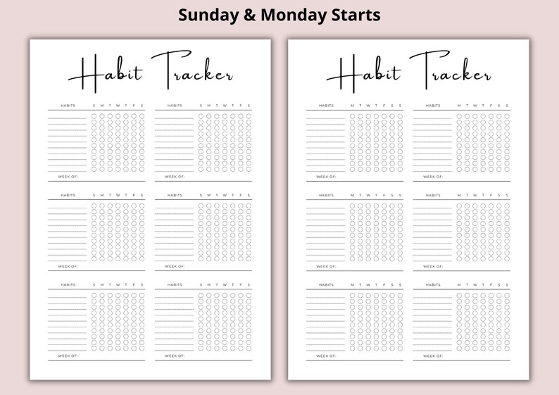 K&ouml;nnte beinhalten: Ein druckbarer Habit Tracker mit einem schwarz-wei&szlig;en Design. Der Tracker hat Abschnitte f&uuml;r jede Woche des Monats und beinhaltet Platz zum Auflisten von Gewohnheiten und zum Abhaken der Tage, an denen die Gewohnheit erf&uuml;llt wurde. Der Text "Habit Tracker" ist in einer kursiven Schrift oben auf der Seite geschrieben. Der Text "Sunday & Monday Starts" ist oben auf der Seite geschrieben.