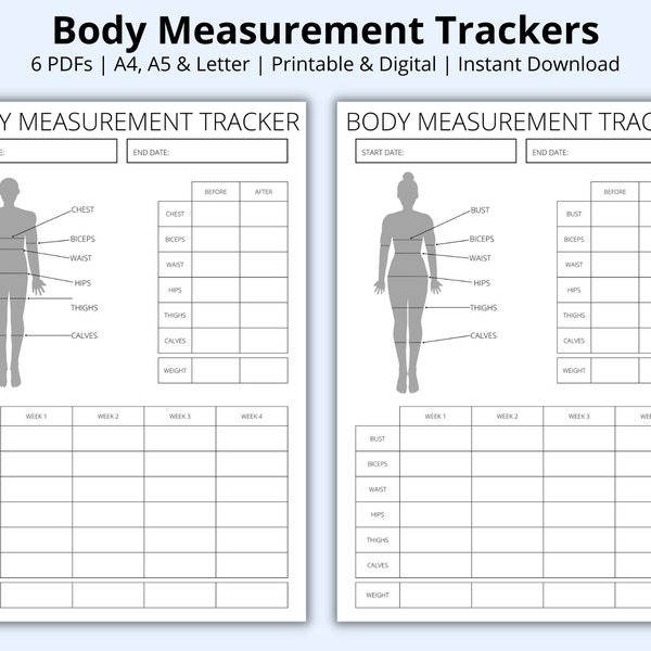 Body Measurement Tracker, Weight Loss Tracker Templates, Weight Loss Charts, Male & Female Fitness Planners, Printable/Digital, A4/A5/Letter