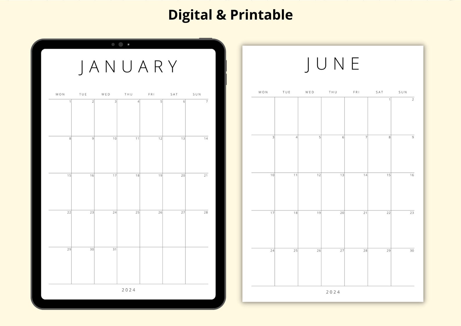 2024 Calendar Printable Portrait Calendar Simple Monthly Etsy UK