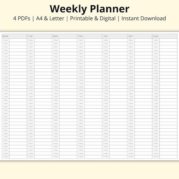 Weekly Planner Printable, 7 Day Planner, Study/Revision Timetable Sheet, 30 Minute Time Blocking Schedule, Week at a Glance, A4/Letter