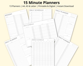 15-Minuten-Planer, tägliche & wöchentliche Zeitblockierung PDFs, Stundenplanvorlagen, Aufgabenliste, Produktionsplaner, printable/digital, A4/A5/Letter