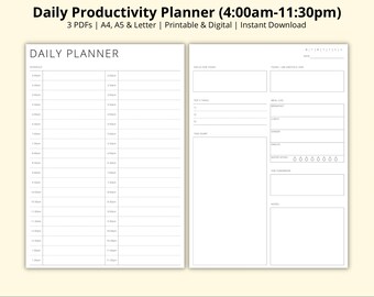 Daily Productivity Planner, Daily Planner PDF, Time Blocking Template, Half Hourly Schedule, Day on 2 Pages, Printable/Digital, A4/A5/Letter