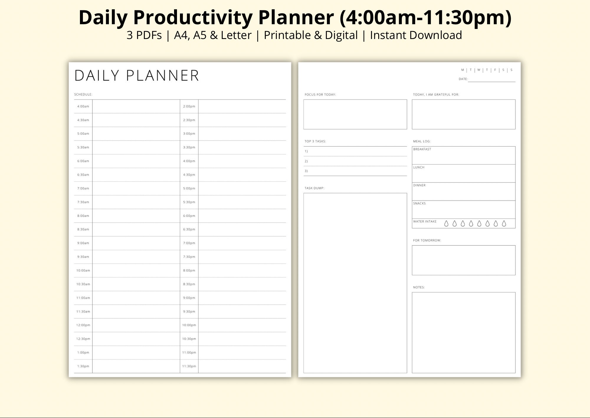 Daily Productivity Planner, Daily Planner PDF, Time Blocking Template, Half Hourly Schedule, Day on 2 Pages, Printabledigital, A4a5letter - Etsy