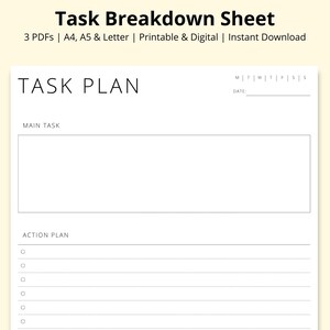 Op de afbeelding: Een wit taakplansheet met de titel "Task Plan" bovenaan. Het blad bevat secties voor een hoofdtak, een actieplan en een datum. De tekst "Task Breakdown Sheet" staat bovenaan.